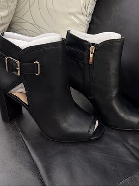 Essex Lane Black Open-Toe Ankle Heeled Booties with Side Buckle